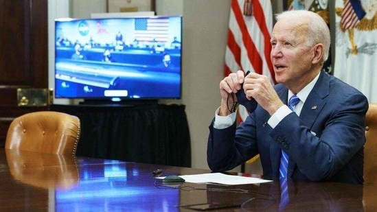 US President Joe Biden gestures as he speaks during a call to congratulate the Nasa JPL Perseverance team on the successful Mars landing, in the Roosevelt Room of the White House in Washington, DC on March 4, 2021. (AFP)(HT_PRINT) US President Joe Biden gestures as he speaks during a call to congratulate the Nasa JPL Perseverance team on the successful Mars landing, in the Roosevelt Room of the White House in Washington, DC on March 4, 2021. (AFP)(HT_PRINT)