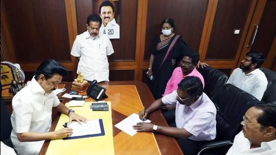 DMK president MK Stalin and VCK president Thol Thirumavalavan sealed a seat-sharing agreement for the assembly election at Anna Arivalayam in Chennai on Thursday. (ANI)