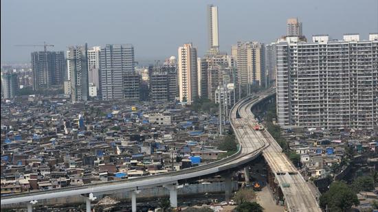 An aerial view of the Mumbai Metro 2A at Kandivali, in Mumba. (Satish Bate/HT Photo)