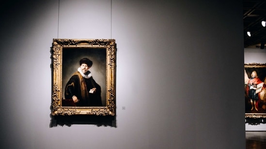 A portrait of Nicolaes Ruts by Rembrandt Harmenszoon van Rijn, left, at the Frick Collection's new museum location on Madison Avenue in New York, U.S., on Tuesday, March 2, 2021. (Bloomberg)
