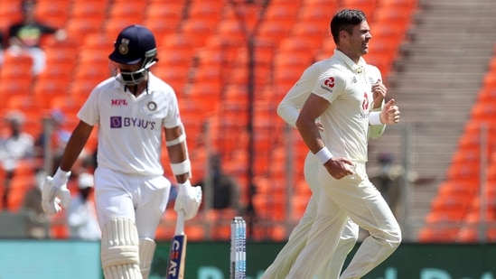 England's James Anderson, right, celebrates the dismissal of India's Ajinkya Rahane.(AP) England's James Anderson, right, celebrates the dismissal of India's Ajinkya Rahane.(AP)