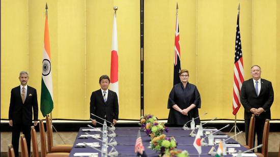 Indian Foreign Minister Subrahmanyam Jaishankar, Japan's Foreign Minister Toshimitsu Motegi, Australia's Foreign Minister Marise Payne and then-US Secretary of State Mike Pompeo, since succeeded by Antony Blinken, pose for a picture before the Quad ministerial meeting in Tokyo, Japan on October 6, 2020. (REUTERS File) Indian Foreign Minister Subrahmanyam Jaishankar, Japan's Foreign Minister Toshimitsu Motegi, Australia's Foreign Minister Marise Payne and then-US Secretary of State Mike Pompeo, since succeeded by Antony Blinken, pose for a picture before the Quad ministerial meeting in Tokyo, Japan on October 6, 2020. (REUTERS File)