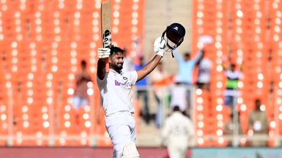 India's Rishabh Pant celebrates after scoring a century on the second day of the fourth Test cricket match between India and England at the Narendra Modi Stadium in Motera.(AFP)