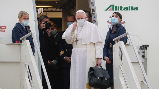 Pope Francis prepares to leave from Fiumicino's International airport Leonardo da Vinci, near Rome, for Baghdad, Iraq.(AP) Pope Francis prepares to leave from Fiumicino's International airport Leonardo da Vinci, near Rome, for Baghdad, Iraq.(AP)