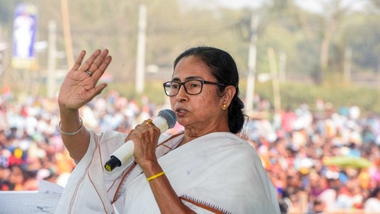 West Bengal Chief Minister Mamata Banerjee addresses a public meeting, at Sahaganj in Hooghly district. (PTI)