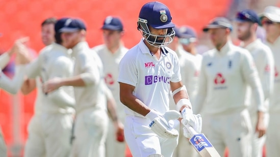 Indian batsman Ajinkya Rahane walks back to the pavillion after being dismissed, during second day's play of the 4th Test between India and England, at Narendra Modi Stadium in Ahmedabad,(PTI) Indian batsman Ajinkya Rahane walks back to the pavillion after being dismissed, during second day's play of the 4th Test between India and England, at Narendra Modi Stadium in Ahmedabad,(PTI)