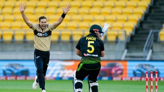 New Zealand's Tim Southee, left, appeals for the wicket of Australia's Aaron Finch, right, during the third T20 cricket international between Australia and New Zealand at Wellington Regional Stadium in Wellington, New Zealand, Wednesday, March 3 , 2021. (John Cowpland/Photosport via AP)(AP)