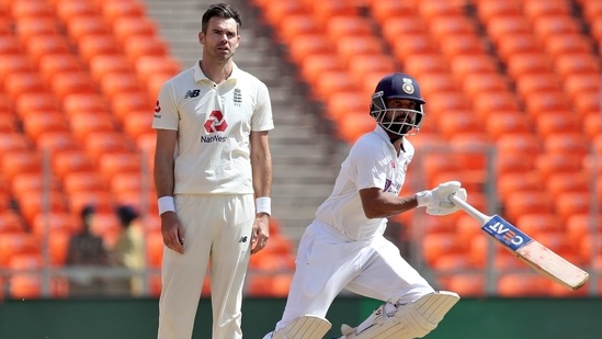 India's Ajinkya Rahane, right, runs between the wickets after playing a shot on a delivery of England's James Anderson, left, during the second day of fourth cricket test match between India and England at Narendra Modi Stadium in Ahmedabad, India, Friday, March 5, 2021. (AP Photo/Aijaz Rahi)(AP) India's Ajinkya Rahane, right, runs between the wickets after playing a shot on a delivery of England's James Anderson, left, during the second day of fourth cricket test match between India and England at Narendra Modi Stadium in Ahmedabad, India, Friday, March 5, 2021. (AP Photo/Aijaz Rahi)(AP)