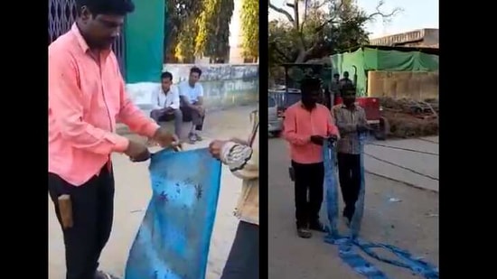 The image shows the men making ropes out of a saree,(Twitter/@advaita_kala) The image shows the men making ropes out of a saree,(Twitter/@advaita_kala)