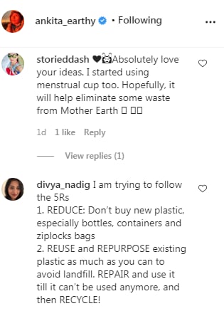 Comments on the post (Instagram/ankita_earthy)