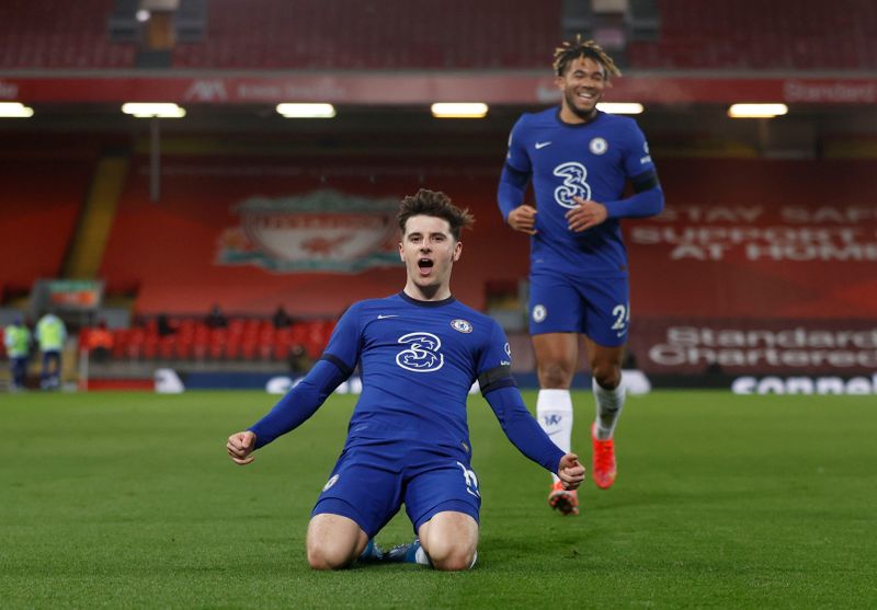 Chelsea's Mason Mount celebrates scoring their first goal with Reece James. (Pool via REUTERS)