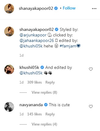 Khushi and Navya's comment  on the post (Instagram/shanayakapoor02)