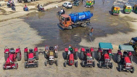 Tractors lined up on the 100th day of the ongoing agitation against Centre's farm reform laws, in New Delhi on March 6. Thousands of them have hunkered down outside New Delhi’s borders since late November to voice their anger against three laws passed by Parliament last year.(Vijay Verma/PTI)