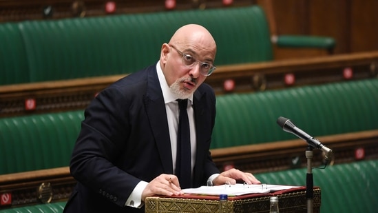 British Vaccine Deployment Minister Nadhim Zahawi speaks at the House of Commons in London.(UK Parliament/Jessica Taylor/Handout via REUTERS)