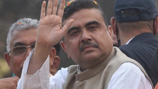 On Saturday, the BJP named Adhikari as its candidate from Nandigram, in East Midnapore, where elections are scheduled on April 1.( Samir Jana / Hindustan Times) On Saturday, the BJP named Adhikari as its candidate from Nandigram, in East Midnapore, where elections are scheduled on April 1.( Samir Jana / Hindustan Times)
