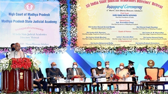 President, Ram Nath Kovind addresses at the inauguration of the All India State Judicial Academies Directors Retreat, in Jabalpur. (ANI Photo) President, Ram Nath Kovind addresses at the inauguration of the All India State Judicial Academies Directors Retreat, in Jabalpur. (ANI Photo)