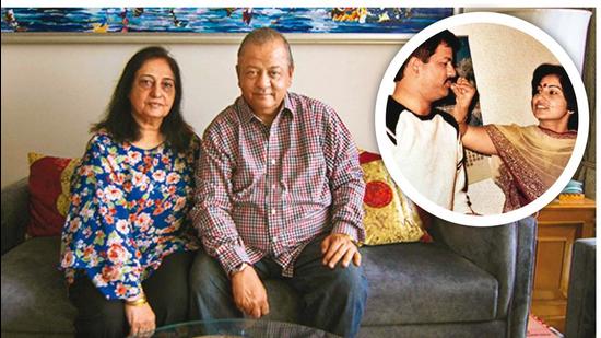 Hemant Oberoi and his wife Mallika at 22 and 17 (inset) and now (above), at 67 and 62, respectively