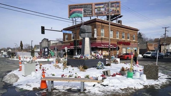 The square remains a makeshift memorial for George Floyd who died at the hand of police making an arrest.(AP)