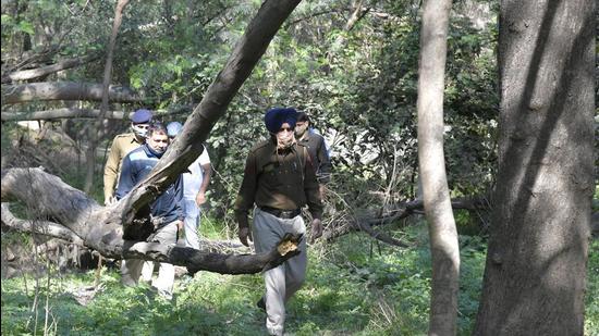 Police carrying out probe in the forest area from where the victim’s body was recovered on Saturday morning. (Ravi Kumar/HT)