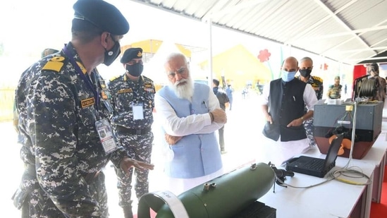 Prime Minister Narendra Modi at the Combined Commanders’ Conference in Gujarat's Kevadia on Saturday. (@narendramodi/Twitter Photo ) Prime Minister Narendra Modi at the Combined Commanders’ Conference in Gujarat's Kevadia on Saturday. (@narendramodi/Twitter Photo )