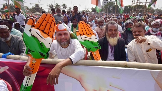 Elections to the 126 assembly constituencies in Assam will be held in three phases. In picture - Congress Party supporters in a rally in Tezpur.(PTI)