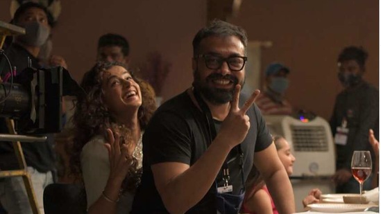 Anurag Kashyap with Taapsee Pannu on sets of Dobaaraa.