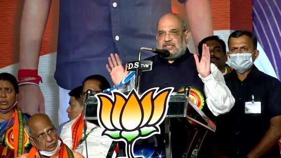 Union Home Minister Amit Shah addresses BJP's Kerala Vijay Yatra, in Thiruvananthapuram on Sunday.(ANI Photo) Union Home Minister Amit Shah addresses BJP's Kerala Vijay Yatra, in Thiruvananthapuram on Sunday.(ANI Photo)