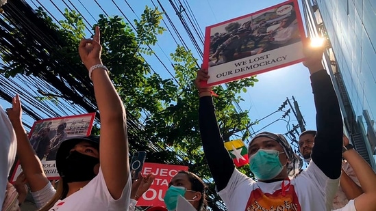 The biggest turnout was in Myanmar's second city, Mandalay, where activists staged a sit-in protest after two minutes of silence in honour of people killed by police and the army, video showed.(AP) The biggest turnout was in Myanmar's second city, Mandalay, where activists staged a sit-in protest after two minutes of silence in honour of people killed by police and the army, video showed.(AP)