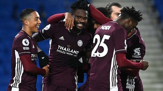 Daniel Amartey of Leicester City celebrates with Youri Tielemans after scoring the team's second goal. (Getty Images) Daniel Amartey of Leicester City celebrates with Youri Tielemans after scoring the team's second goal. (Getty Images)