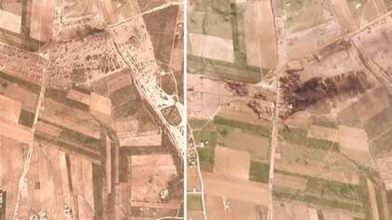 Before and after a fire following a suspected Russian missile strike on an oil-loading facility just northwest of the city of Manbij, Syria.(AP) Before and after a fire following a suspected Russian missile strike on an oil-loading facility just northwest of the city of Manbij, Syria.(AP)