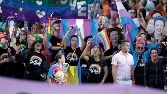 Sydney's Mayor Clover Moore, bottom right, marches in the Gay and Lesbian Mardi Gras parade at the Sydney Cricket Ground in Sydney, Saturday, March 6, 2021. The annual event has been forced into a sport stadium due to Covid-19 restrictions.(AP) Sydney's Mayor Clover Moore, bottom right, marches in the Gay and Lesbian Mardi Gras parade at the Sydney Cricket Ground in Sydney, Saturday, March 6, 2021. The annual event has been forced into a sport stadium due to Covid-19 restrictions.(AP)