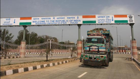 A Pakistani truck coming out from the Indian ICP to go back to Pakistan after unloading goods at Attari border. (HT FILE)
