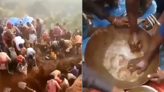 Video footage showed locals washing the dirt off the yellow metal and collecting it in another container.(Twitter / @AhmadAlgohbary)