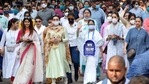 Chief Minister Mamata Banerjee at a road show on the occasion of International Women's Day, in Kolkata on Monday.(ANI)