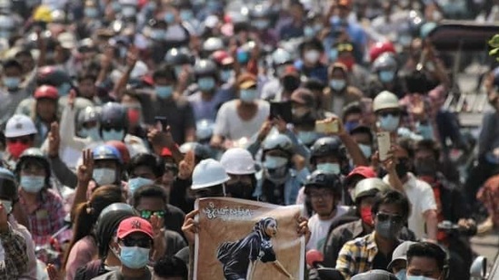 In picture - People attend the funeral of Angel a 19-year-old protester also known as Kyal Sin who was shot in the head as Myanmar forces opened fire to disperse an anti-coup demonstration in Mandalay on March 4.(Reuters)