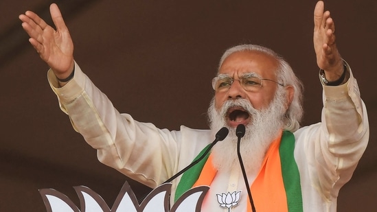 India's Prime Minster Narendra Modi addresses supporters of the Bharatiya Janata Party (BJP) during a mass rally ahead of the state legislative assembly elections at the Brigade Parade ground in Kolkata on March 7, 2021. (Photo by Dibyangshu SARKAR / AFP)(AFP) India's Prime Minster Narendra Modi addresses supporters of the Bharatiya Janata Party (BJP) during a mass rally ahead of the state legislative assembly elections at the Brigade Parade ground in Kolkata on March 7, 2021. (Photo by Dibyangshu SARKAR / AFP)(AFP)