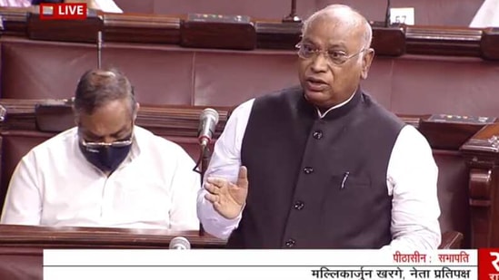 Congress' Mallikarjun Kharge speaking in the Rajya Sabha on Monday. (Screengrab) Congress' Mallikarjun Kharge speaking in the Rajya Sabha on Monday. (Screengrab)