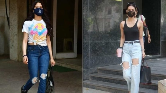 A pair of distressed denims teamed with a casual top and a tote bag seems to be the way to go for Bollywood divas lately and Janhvi Kapoor along with Kriti Sanon are leading the bandwagon.(Varinder Chawala)