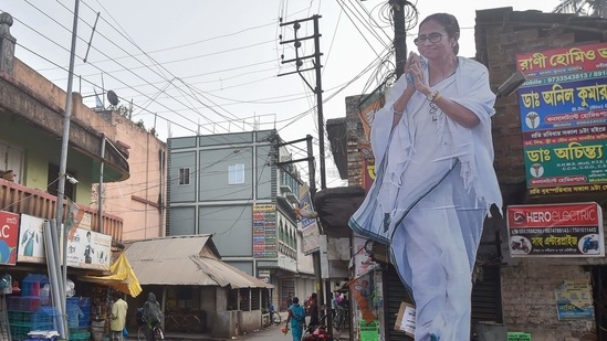 A cutout of CM Mamata Banerjee put up in Nandigram. (PTI Photo/Swapan Mahapatra)(PTI) A cutout of CM Mamata Banerjee put up in Nandigram. (PTI Photo/Swapan Mahapatra)(PTI)