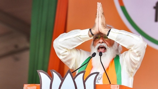 Kolkata: Prime Minister Narendra Modi addresses a public meeting ahead of West Bengal Assembly Polls, at Brigade Parade Ground in Kolkata, Sunday, March 7, 2021. (PTI Photo/Swapan Mahapatra)
(PTI03_07_2021_000175A)(PTI) Kolkata: Prime Minister Narendra Modi addresses a public meeting ahead of West Bengal Assembly Polls, at Brigade Parade Ground in Kolkata, Sunday, March 7, 2021. (PTI Photo/Swapan Mahapatra)
(PTI03_07_2021_000175A)(PTI)
