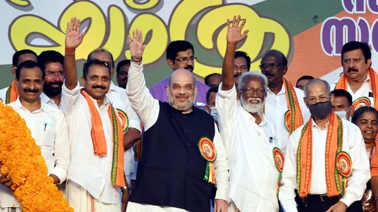 Union Home Minister Amit Shah during 'Vijaya Yatra' for the upcoming state assembly polls, at Shangumugham Beach in Thiruvananthapuram.(PTI)