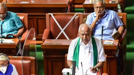 Karnataka chief minister BS Yediyurappa presents the state budget 2021-22 in the Vidhana Soudha, Bengaluru, March 8, 2021. (PTI Photo) Karnataka chief minister BS Yediyurappa presents the state budget 2021-22 in the Vidhana Soudha, Bengaluru, March 8, 2021. (PTI Photo)