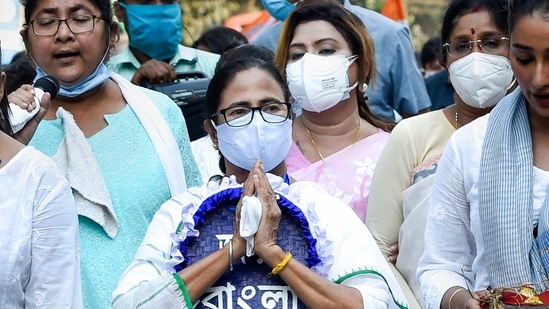 Kolkata: West Bengal Chief Minister Mamata Banerjee takes part in a rally to mark International Women's Day, in Kolkata, Monday, March 8, 2021. (PTI Photo/Ashok Bhaumik)(PTI03_08_2021_000110A)(PTI)