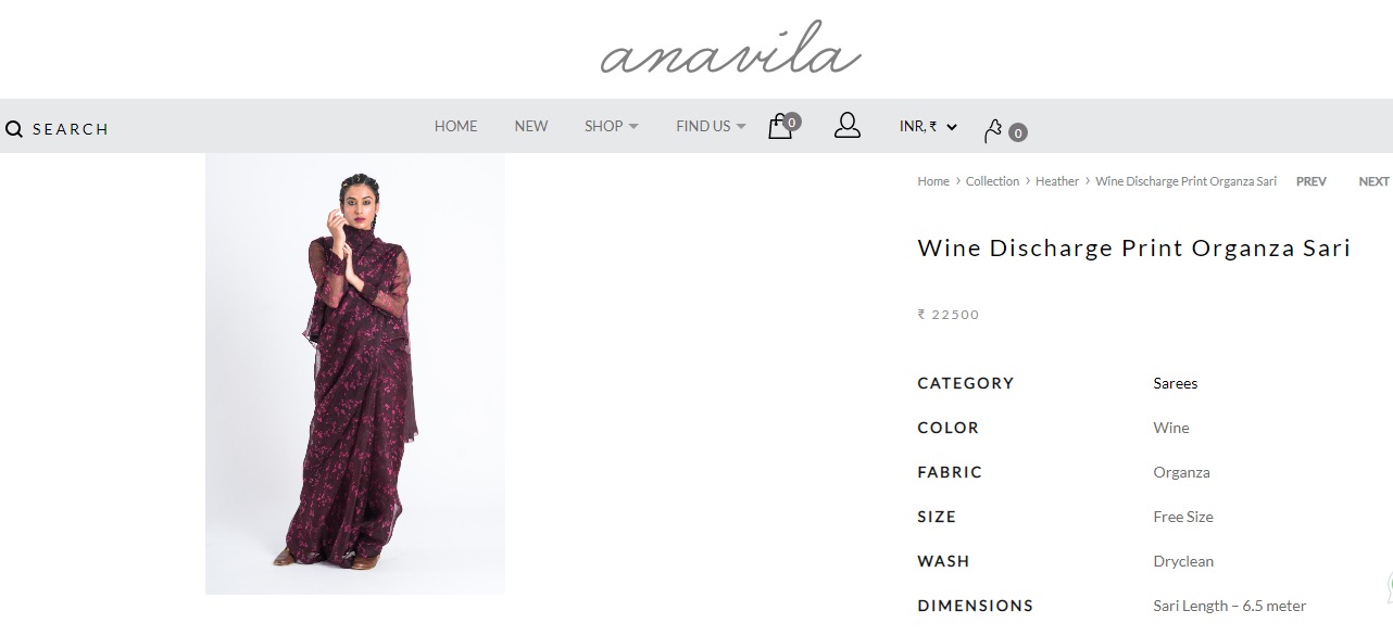 Kajal Aggarwal’s wine discharge print organza saree from Anavila Misra’s eponymous label (anavila.com)