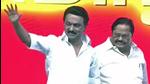 DMK president MK Stalin along with party leader Durai Murugan during Sunday’s rally in Trichy. (ANI) DMK president MK Stalin along with party leader Durai Murugan during Sunday’s rally in Trichy. (ANI)