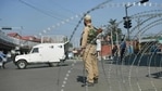 File photo of security personnel on guard on a street during restrictions imposed in the wake of the first anniversary of Article 370 abrogation in Srinagar, August. 5, 2020.(PTI file photo) File photo of security personnel on guard on a street during restrictions imposed in the wake of the first anniversary of Article 370 abrogation in Srinagar, August. 5, 2020.(PTI file photo)