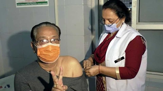 An elderly person being vaccinated during the second phase of Covid vaccination in Jammu.(ANI)