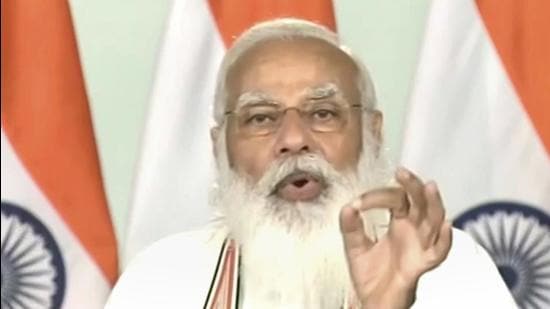 Prime Minister Narendra Modi speaks during the inauguration of Maitri Setu and launch of infrastructure projects in Tripura, via video conferencing, in New Delhi on March 9. (PTI)