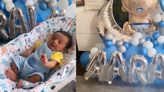 Anita Hassanandani and Rohit Reddy shared a video of their son Aaravv's one-month birthday's 'pawri'. Anita Hassanandani and Rohit Reddy shared a video of their son Aaravv's one-month birthday's 'pawri'.