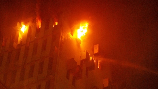 The fire broke out at the 13th floor of a multi-storeyed building in Kolkata, on Monday evening.(PTI Photo)